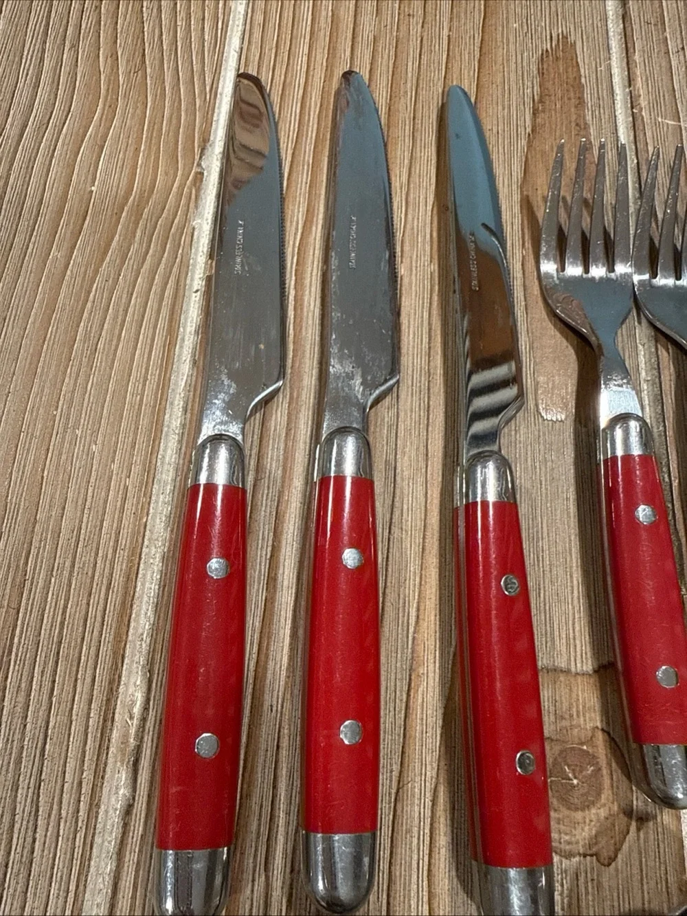 Vintage MCM Red Riveted Flatware 14 Pc Lot Stainless China X Knives Forks Spoons